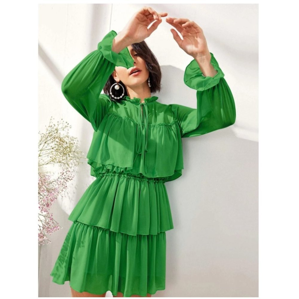 Tie Neck Ruffle Trim Layered Green Dress